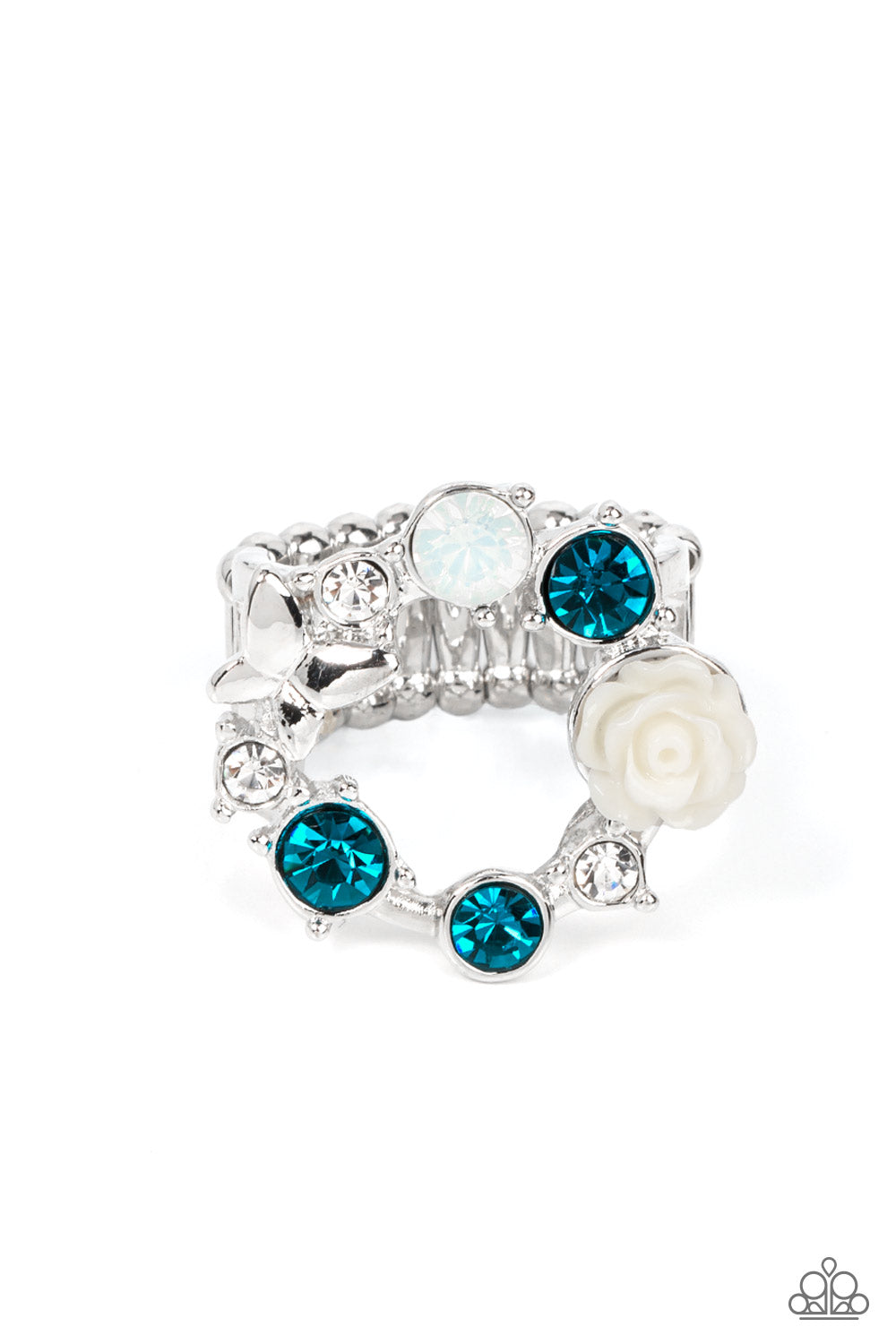 Butterfly Bustle - Blue and Silver Ring - Paparazzi Accessories - A glitzy collection of blue, opal, and white rhinestones coalesce into a sparkly wreath atop the finger. Elegantly enhanced with a white resin rosebud, a dainty silver butterfly flutters atop the glittery centerpiece for an enchanting finish. Features a stretchy band for a flexible fit. Sold as one individual ring.