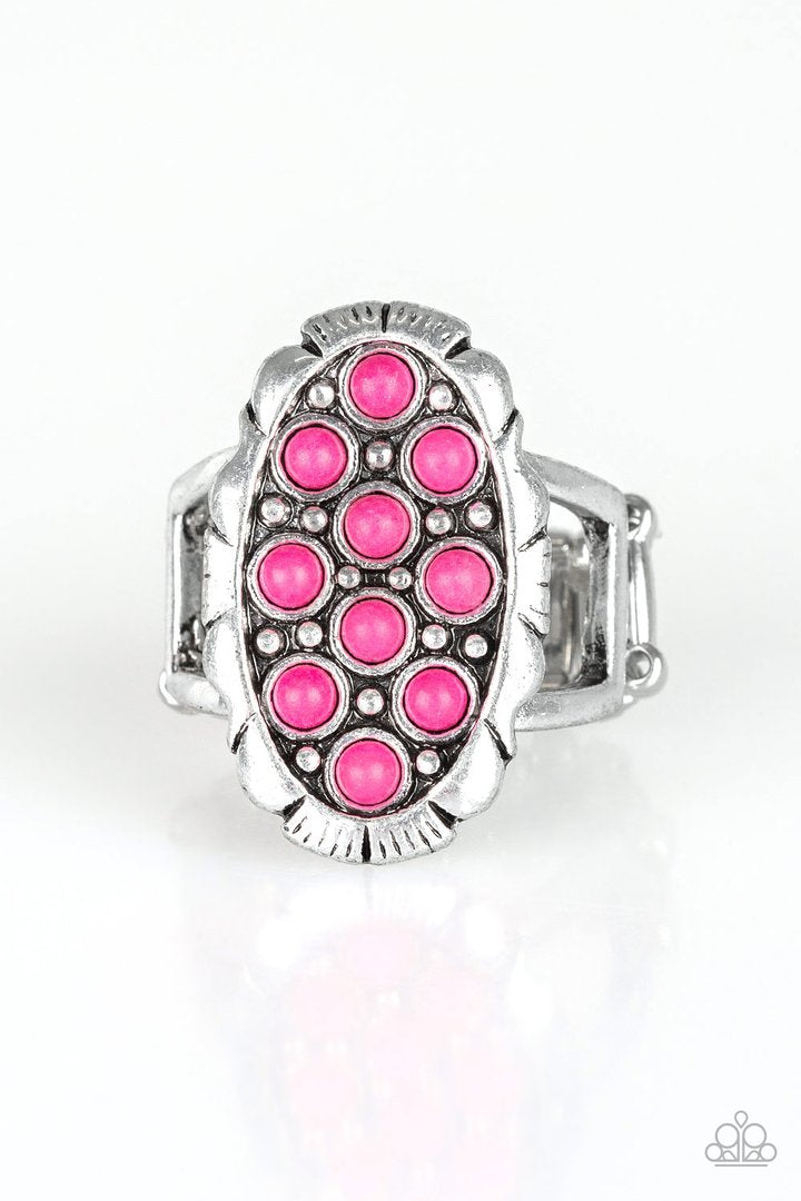 Cactus Garden - Pink and Silver Ring - Paparazzi Accessories - Dainty pink stones are sprinkled across the front of a studded silver frame, creating a vivacious centerpiece atop the finger. Features a stretchy band for a flexible fit. Sold as one individual ring.