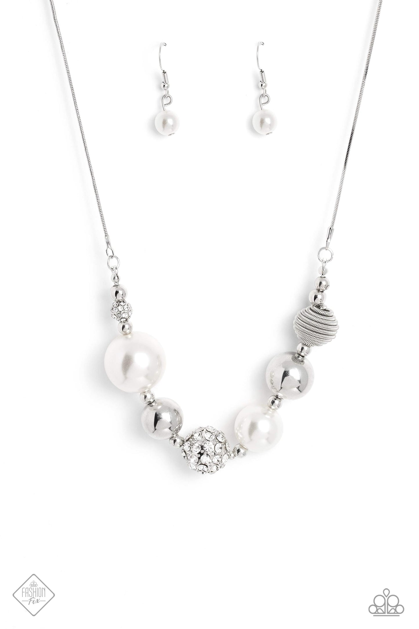 Caliber Choreographer - White Pearl and Silver Necklace - Paparazzi Accessories - Exaggerated white pearls and silver beads, silver studs, a white rhinestone-encrusted sphere, and a silver ball with textured spirals dance along the collar, connecting to a silver serpentine chain in a showcase of glitz and elegance.
