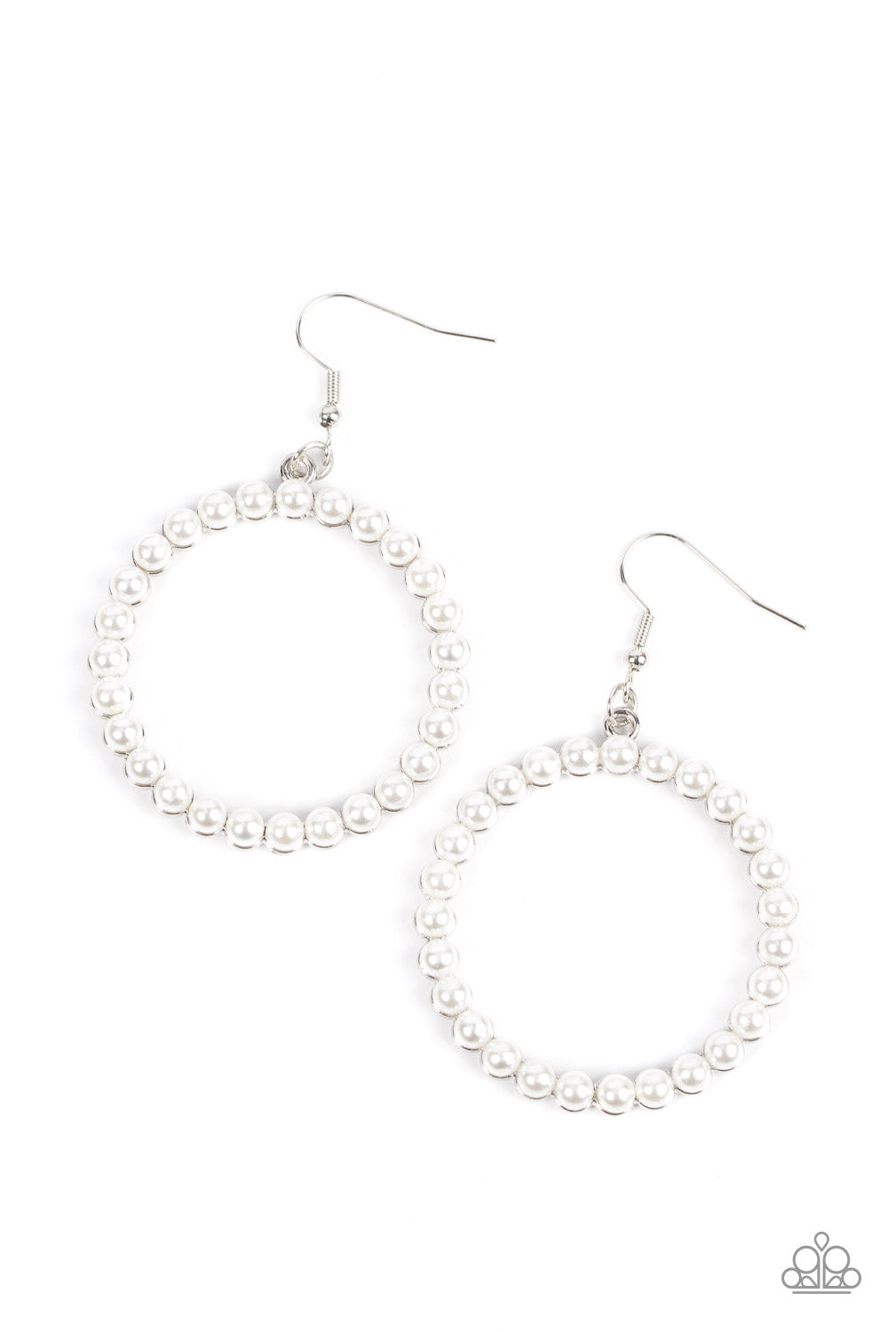 Can I Get A Hallelujah - White Pearl - Silver Earrings - Paparazzi Accessories - Bubbly white pearls adorn the front of a textured silver hoop, invoking a timeless fashion. Earring attaches to a standard fishhook fitting. Sold as one pair of earrings.