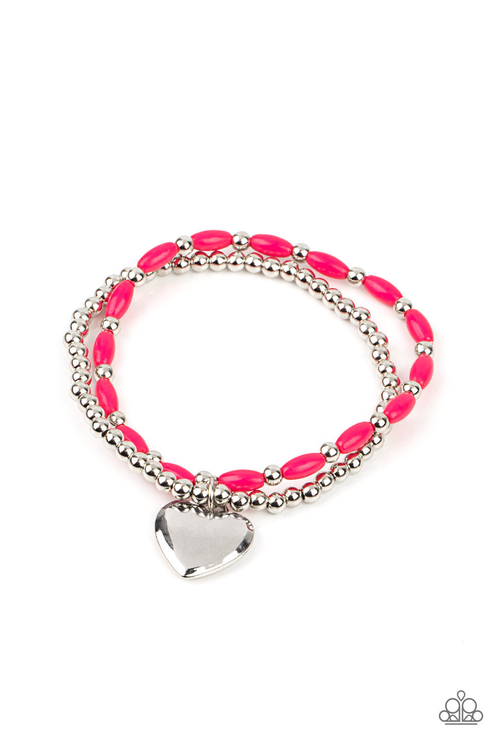 Candy Gram - Pink and Silver Heart Bracelet - Paparazzi Accessories - A bright silver heart dangles from a strand of playful Raspberry Sorbet beads. It is paired with a strand of round silver beads threaded along a stretchy band for a whimsical display around the wrist.