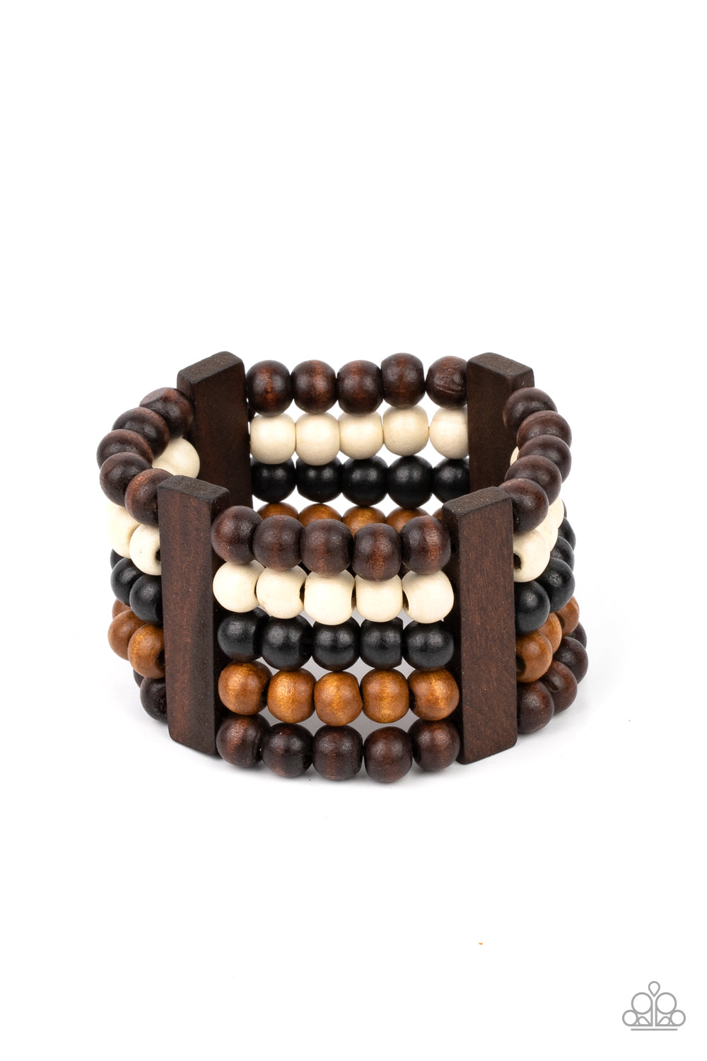 Caribbean Catwalk - Brown - Black - White Wood Stretchy Bracelet - Paparazzi Accessories -
Held in place by rectangular wooden frames, strands of brown, black, and white wooden beads are threaded along stretchy bands around the wrist for a colorfully tropical look. Sold as one individual bracelet.