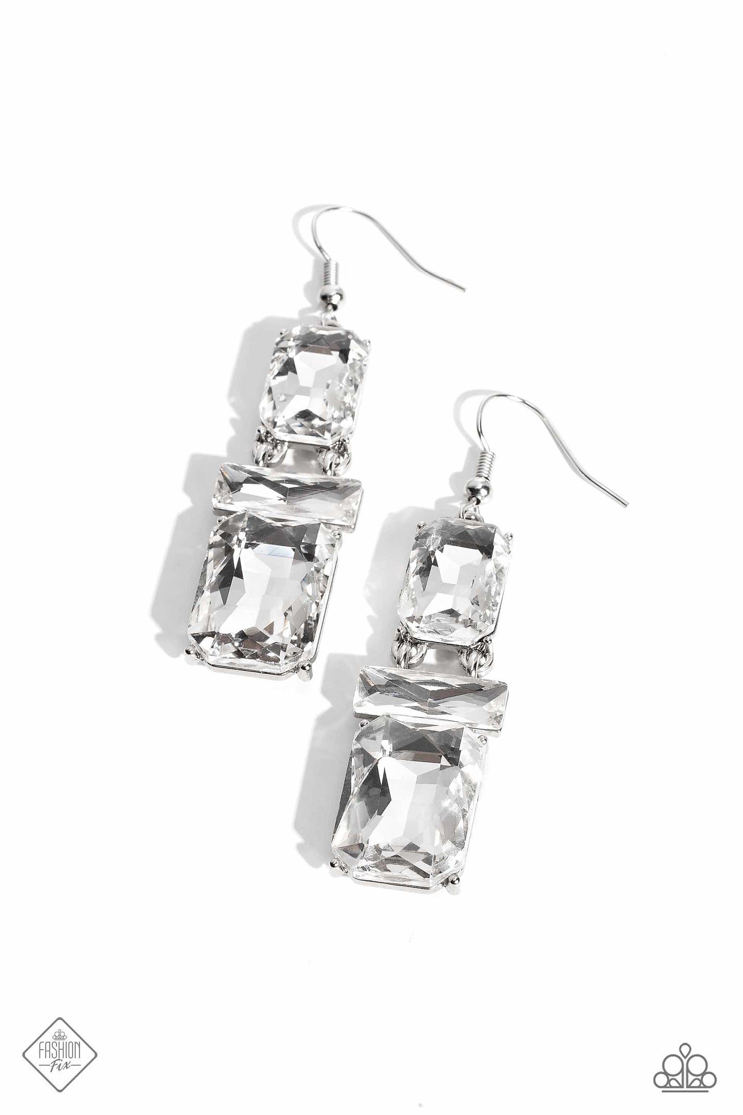 CHAIN Check - White and Silver Earrings - Paparazzi Accessories - Two oversized emerald-cut gems sparkle unapologetically, increasing in size as they fall from the ear. A white gem bar, featuring sharp faceted surfaces, lays perpendicular to the blinding emerald-cut gems, separating the two and emphasizing their hinged movement.