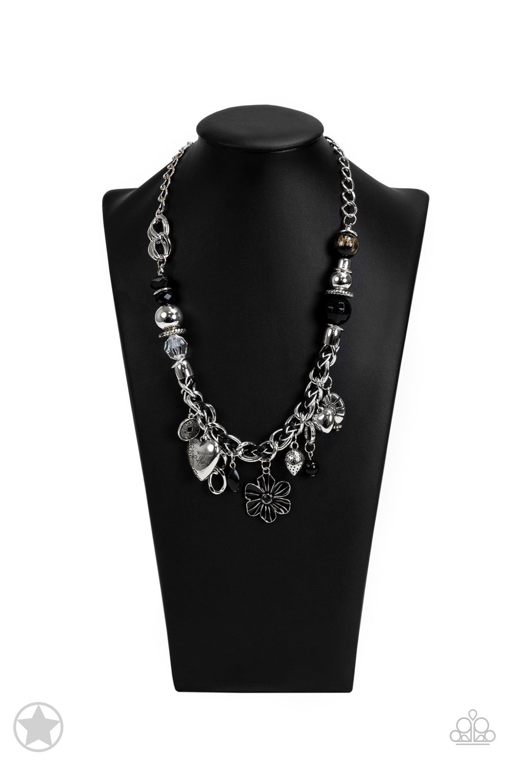 Charmed, I Am Sure - Black and Silver Necklace - Paparazzi Accessories - Black and ivory cording is braided through a chunky silver chain. A unique variety of charms decorate the piece including a delicate flower and a heart. Heart is inscribed with the phrase "With All My Heart"on one side and a short bible verse on the other that reads, "Love the Lord thy God with all your heart. Luke 10:27." Features an adjustable clasp closure. Bejeweled Accessories By Kristie