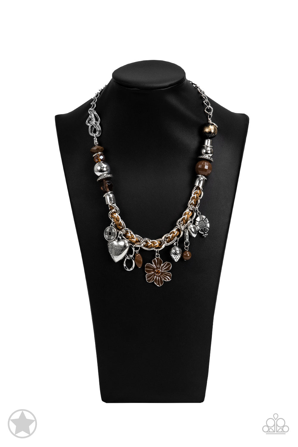 Charmed, I Am Sure - Brown and Silver Necklace - Paparazzi Accessories - Brown and ivory cording is braided through a chunky silver chain. A unique variety of charms decorate the piece including a delicate flower and a heart inscribed with the phrase "With All My Heart" on one side and a short bible verse on the other that reads, "Love the Lord thy God with all your heart. Luke 10:27" Features an adjustable clasp closure.