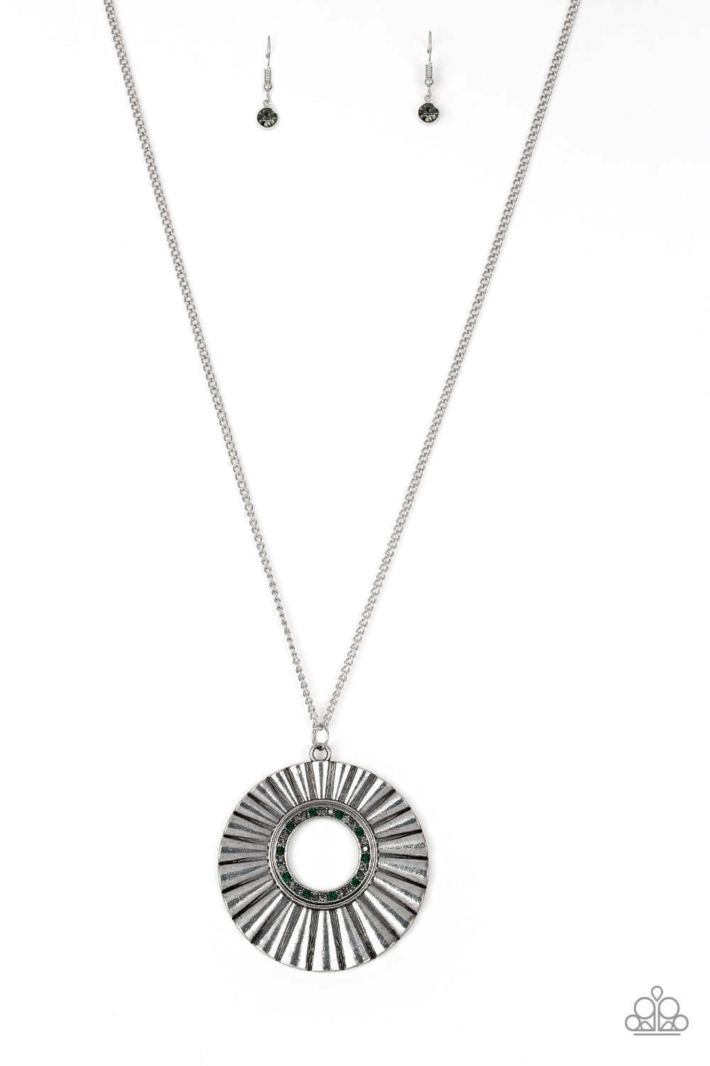 Chicly Centered - Blue Multi and Silver Necklace - Paparazzi Accessories - Brushed in a gritty antiqued finish, a rippling silver frame flares from a multicolored rhinestone encrusted center for an edgy look. Features an adjustable clasp closure. Trendy fashion jewelry for everyone.
