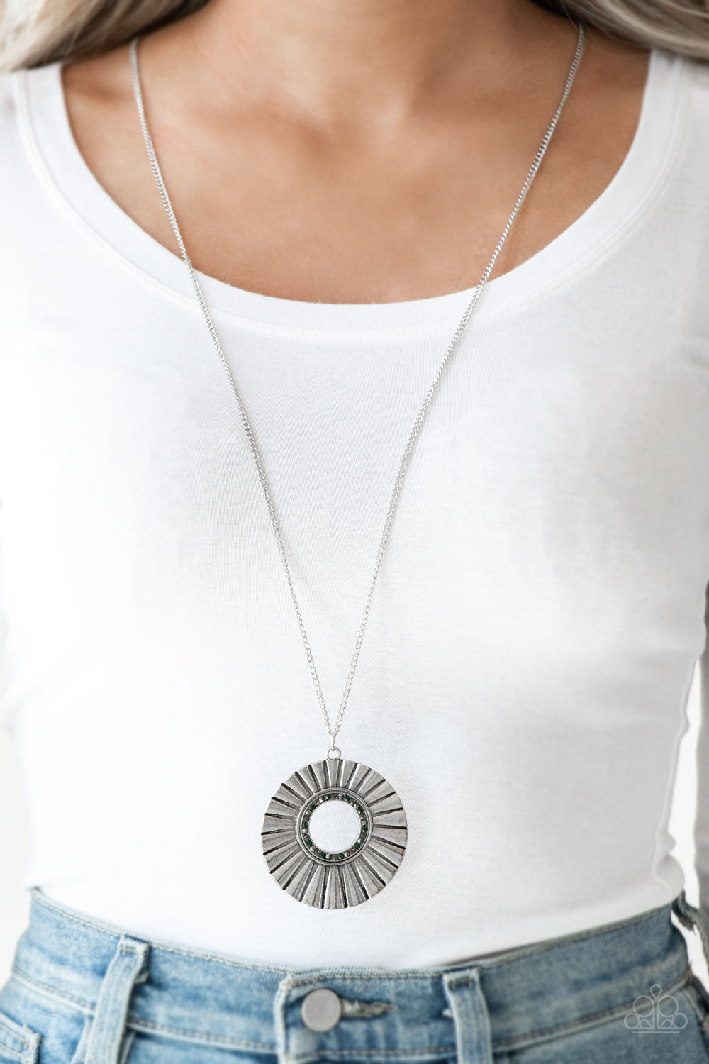 Chicly Centered - Multi Blue and Silver Necklace - Paparazzi Accessories - Brushed in a gritty antiqued finish, a rippling silver frame flares from a multicolored rhinestone encrusted center for an edgy look.