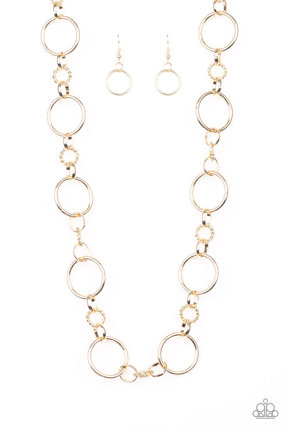 Classic Combo - Gold Fashion Necklace - Paparazzi Accessories - Oversized gold hoops link with dainty twisted gold rings below the collar for a classic combination. Features an adjustable clasp closure. Sold as one individual necklace.