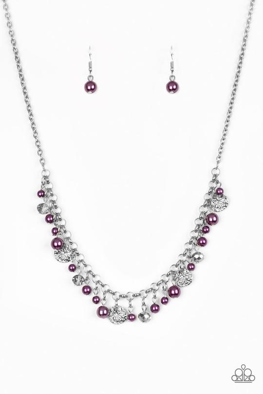 Coastal Cache - Purple - Silver Necklace - Paparazzi Accessories - Pearly purple beads, smoky crystal-like gems, and hammered silver discs swing from a bold silver chain, creating a refined fringe below the collar. Features an adjustable clasp closure.