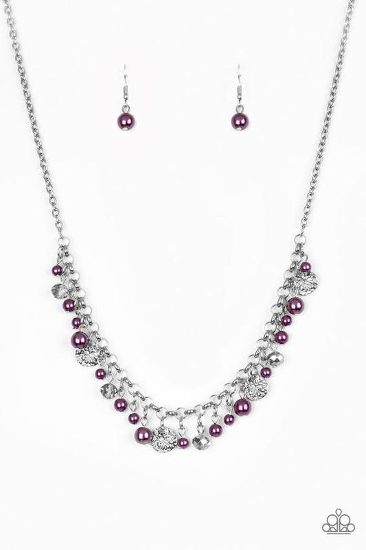 Coastal Cache - Purple - Silver Necklace - Paparazzi Accessories - Pearly purple beads, smoky crystal-like gems, and hammered silver discs swing from a bold silver chain, creating a refined fringe below the collar. Features an adjustable clasp closure.