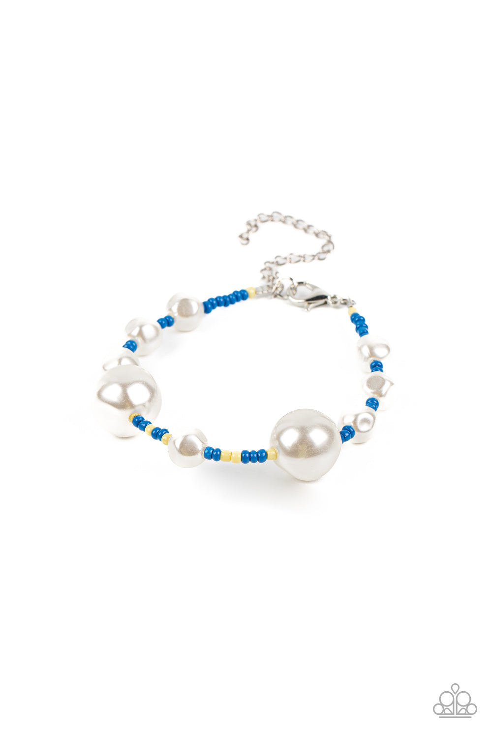 Contemporary Coastline - Blue Bracelet - Paparazzi Accessories - Irregular-shaped pearls in varying sizes are scattered amongst blue and yellow seed beads that are threaded along a wire, resulting in a refreshing and playful style around the wrist. Features an adjustable clasp closure. Sold as one individual bracelet.