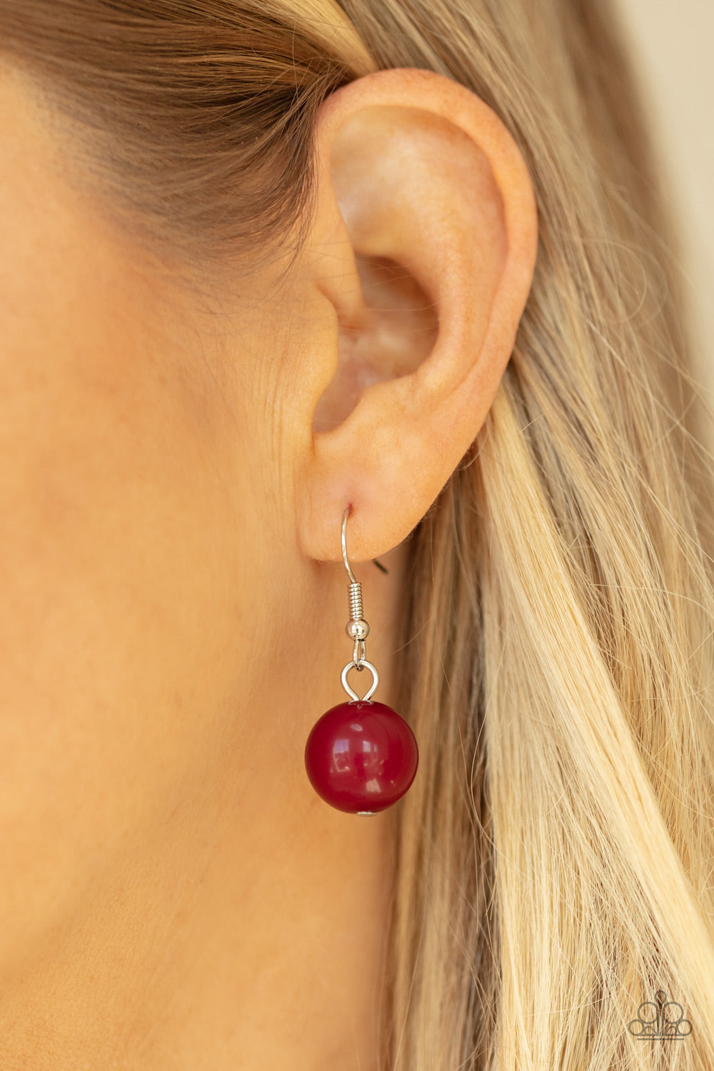 Cosmic Getaway - Red & Silver Necklace and Earrings - Paparazzi Accessories - Infused with faceted Samba crystal-like beads, a bubbly collection of oversized silver and Samba beads swing from the bottom of an interconnected row of bold silver oval frames, creating a colorful fringe below the collar. Features an adjustable clasp closure.Sold as one individual necklace. Includes one pair of matching earrings.