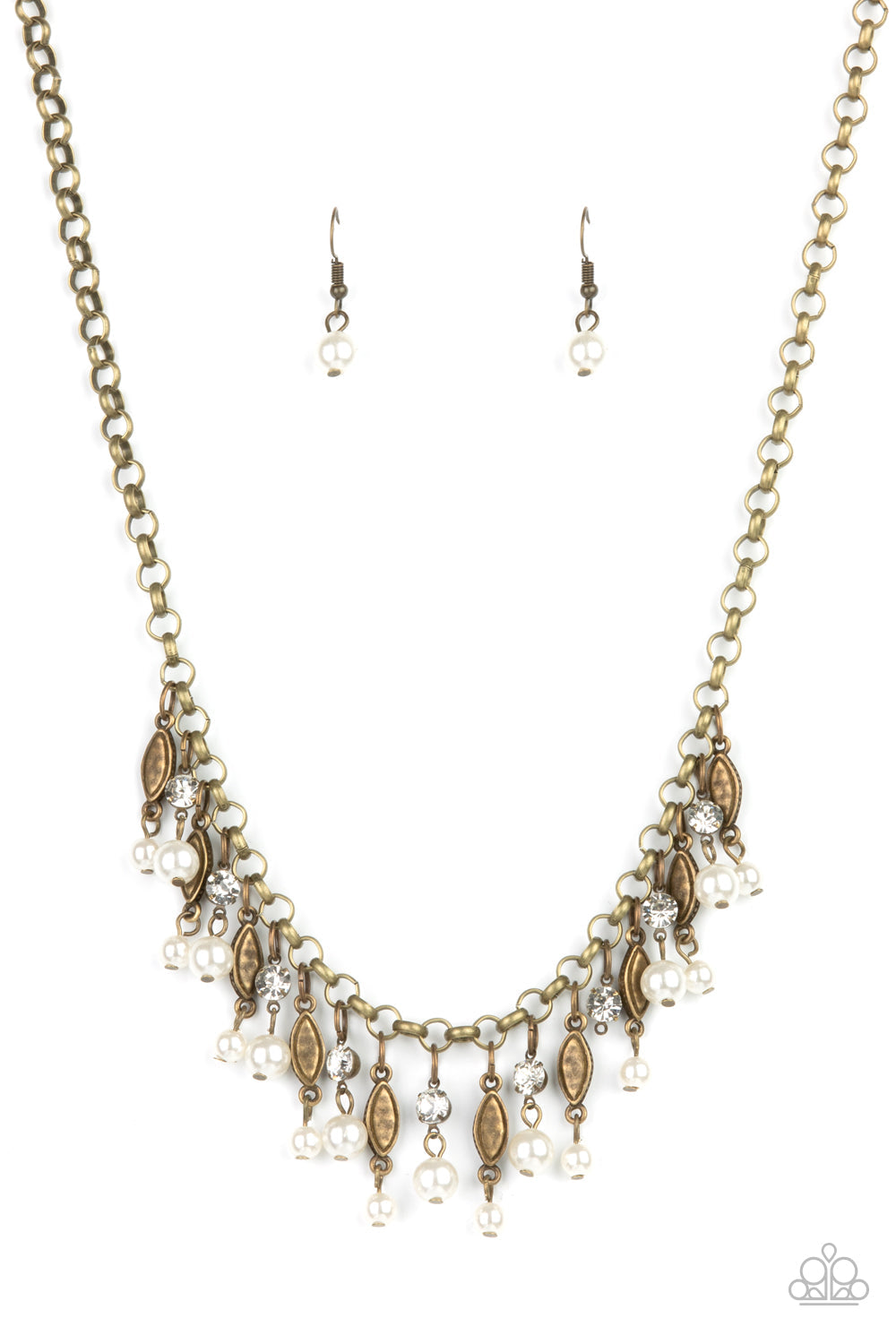 Cosmopolitan Couture - Brass - White Pearls Necklace - Paparazzi Accessories - Bubbly white pearls swing from the bottoms of glittery white rhinestones and studded brass frames that alternate along a chunky brass chain creating a glamorously grunge fringe below the collar.