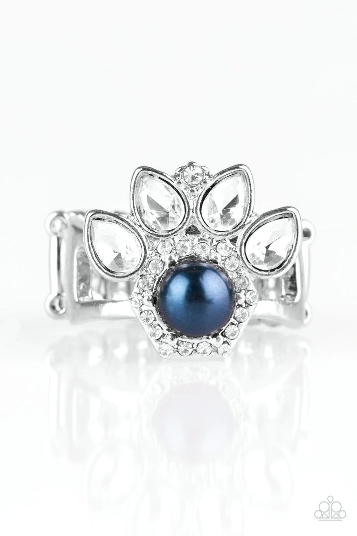 Crown Coronation - Blue - Silver Ring - Paparazzi Accessories - glittery white rhinestones flare from the center of a blue pearl drop center. Dainty white rhinestones spin around the pearly center for a glamorous finish. Features a stretchy band for a flexible fit. - Bejeweled Accessories By Kristie - Trendy fashion jewelry for everyone -