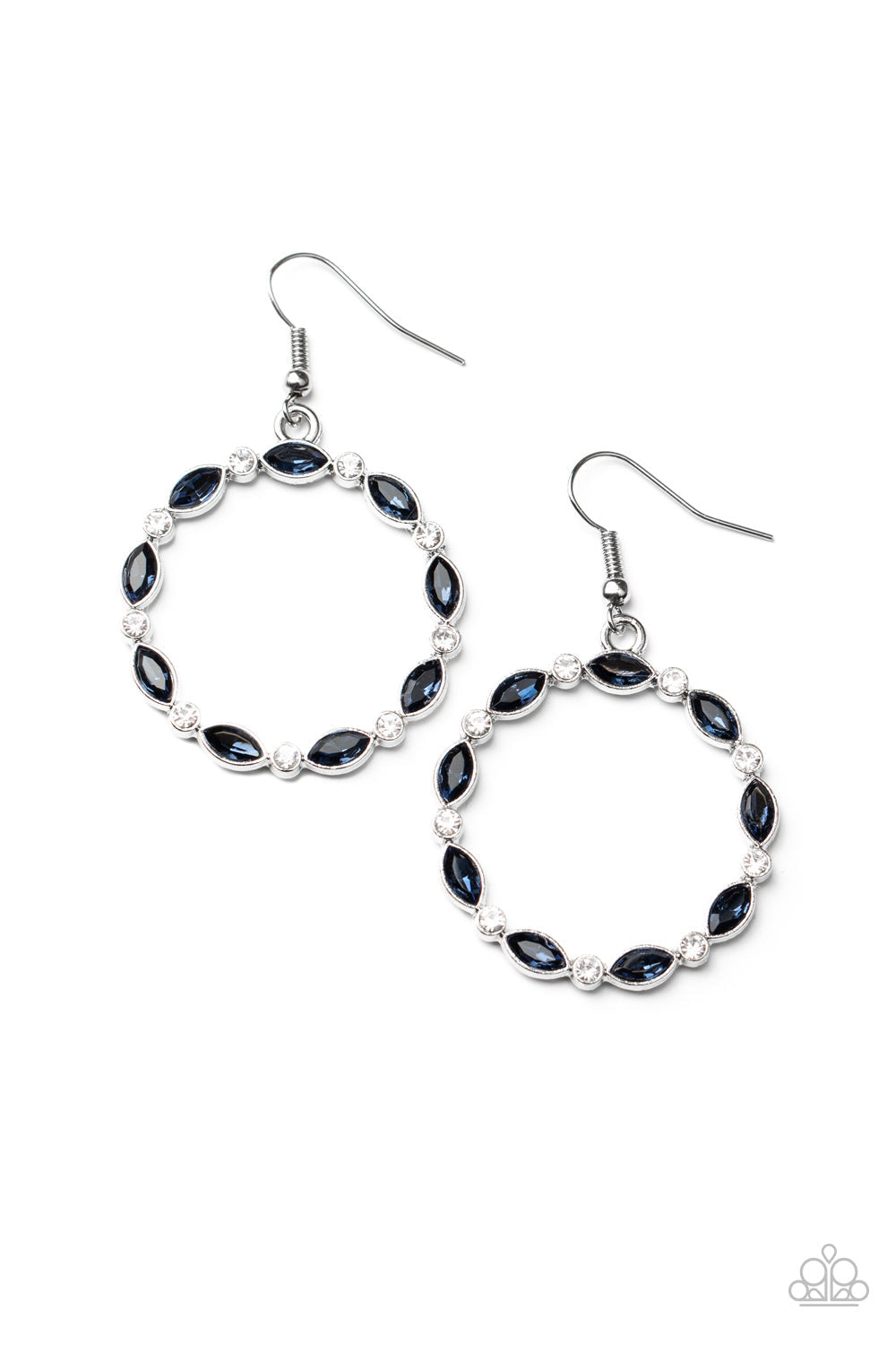 Crystal Circlets - Blue and Silver Gem Earrings - Paparazzi Accessories - Encased in sleek silver frames, dainty white rhinestones and blue marquise gems delicately connect into a glittery hoop for a glamorous finish.