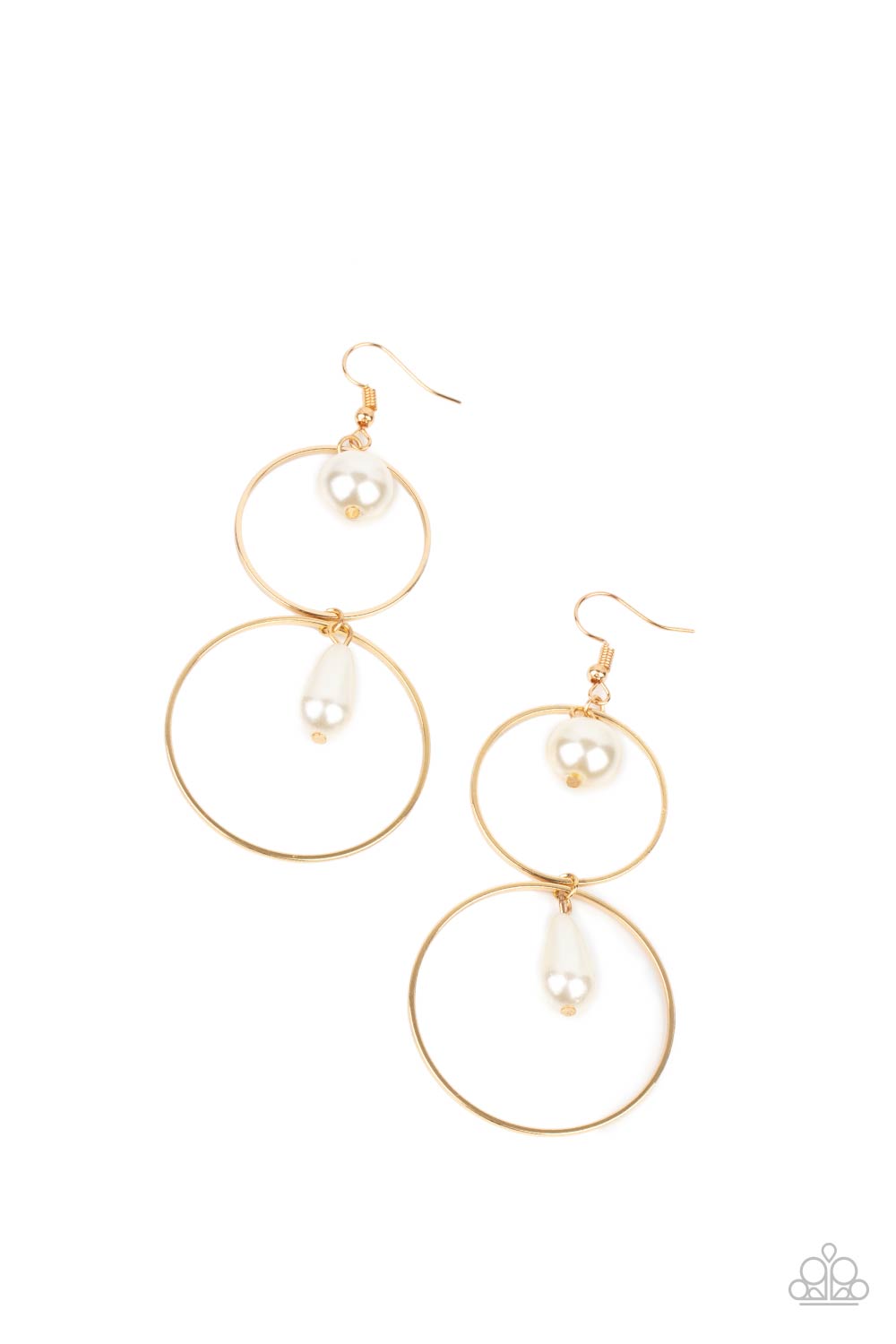 Cultured in Couture - White Pearl and Gold Earrings - Paparazzi Accessories - A classic white pearl swings from the top of a shiny gold hoop that is linked to another gold hoop by a pearly teardrop bead, creating a stunningly stacked display. Earring attaches to a standard fishhook fitting. Sold as one pair of earrings.