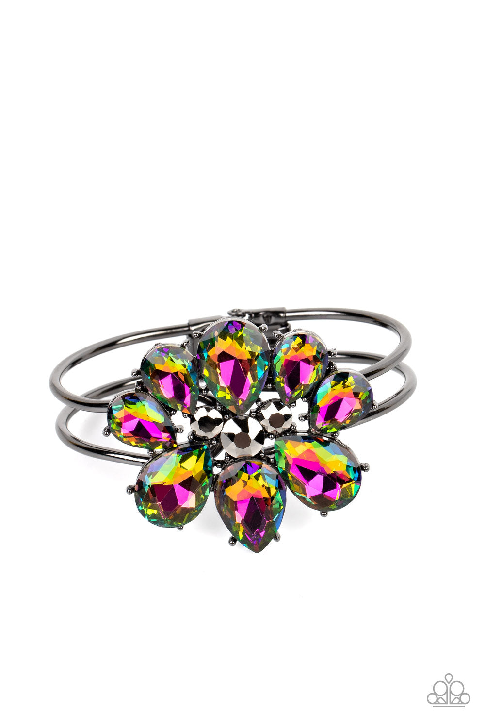 DAUNTLESS is More - Oil Spill Multi Color - Floral Bracelet - Paparazzi Accessories - Bejeweled Accessories By Kristie - A dazzling collection of oil spill teardrop gems fan out around hematite, creating an explosion of sparkle. The exaggerated gems circle into a floral centerpiece atop a pair of skinny gunmetal bars that wrap around the wrist in an airy finish. Features a hinged closure.