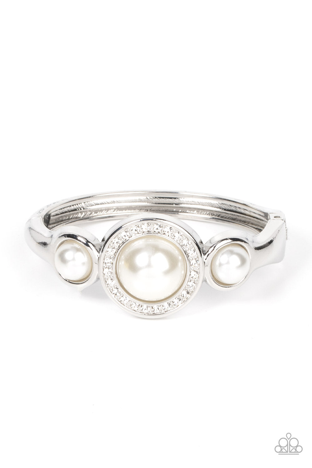 Debutante Daydream - White Pearl - Silver Hinge Closure Bracelet - Paparazzi Accessories - Glitzy glassy white rhinestones, an oversized white pearl is flanked by a pair of bubbly white pearl fittings atop a classic silver bangle-like bracelet for a timeless twist. Features a hinged closure.