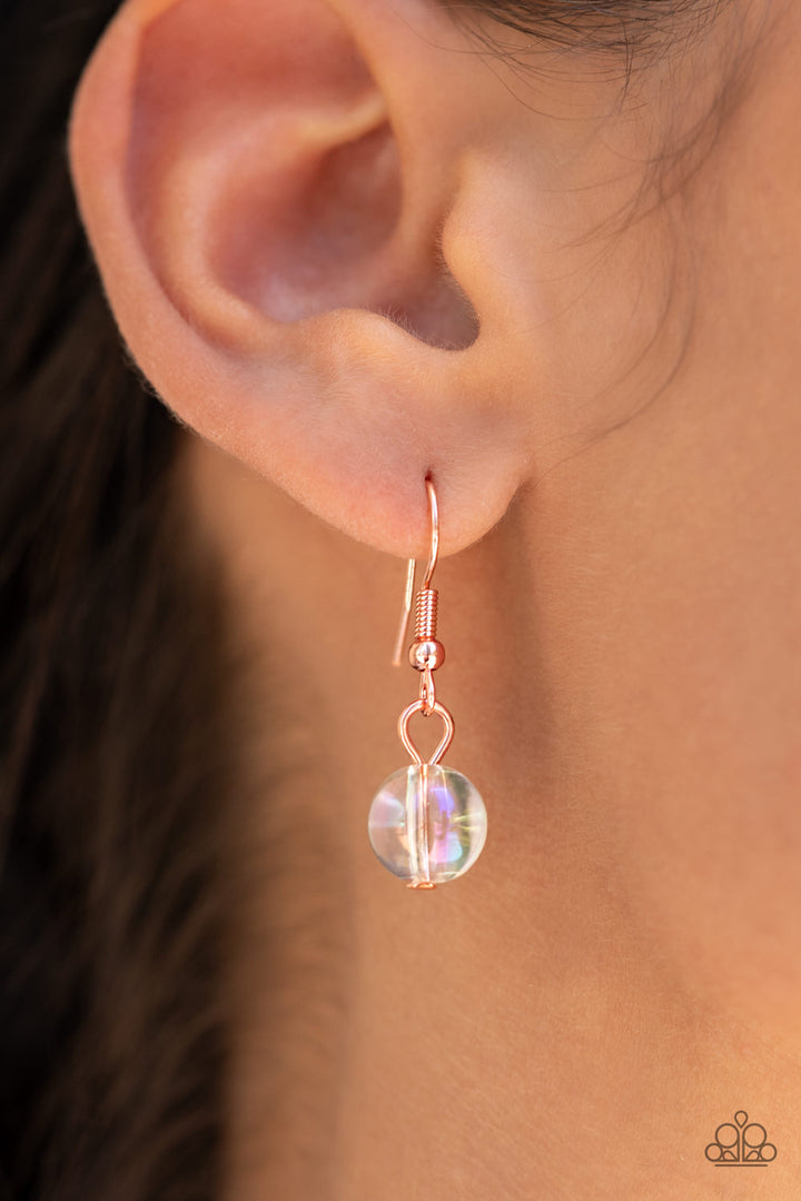 Deep Space Diva - Copper Necklace - Paparazzi Accessories - Featuring a stellar iridescence, pairs of glassy beads are separated by shiny copper discs, trickling below the collar in an effervescent fringe. Features an adjustable clasp closure.