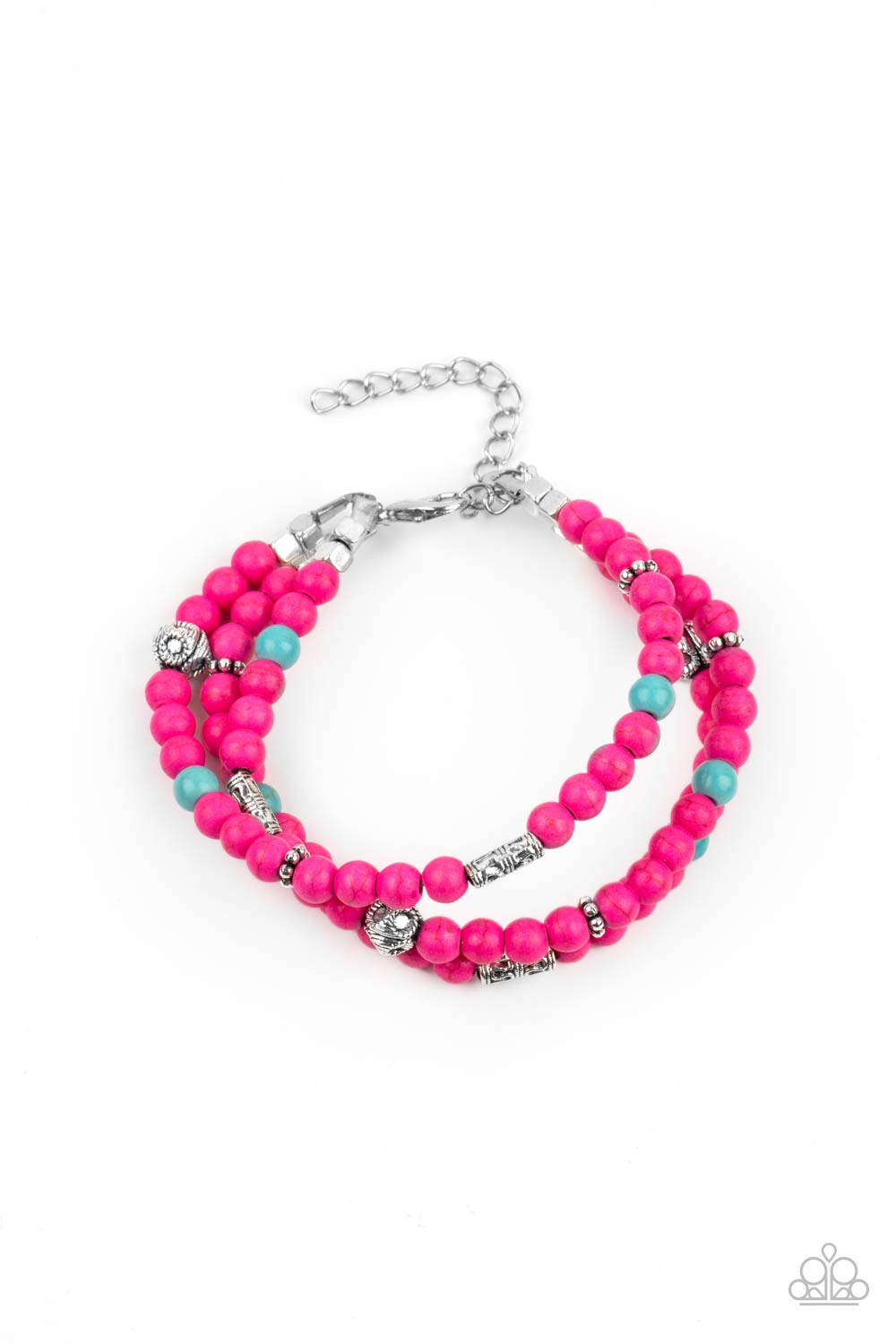 Desert Decorum - Pink and Turquoise Stone Bracelet - Paparazzi Accessories - A collection of pink and turquoise stone beads, silver cube beads, and ornate silver accents are threaded along invisible bands around the wrist, creating vivacious layers. Features an adjustable clasp closure. Sold as one individual bracelet.