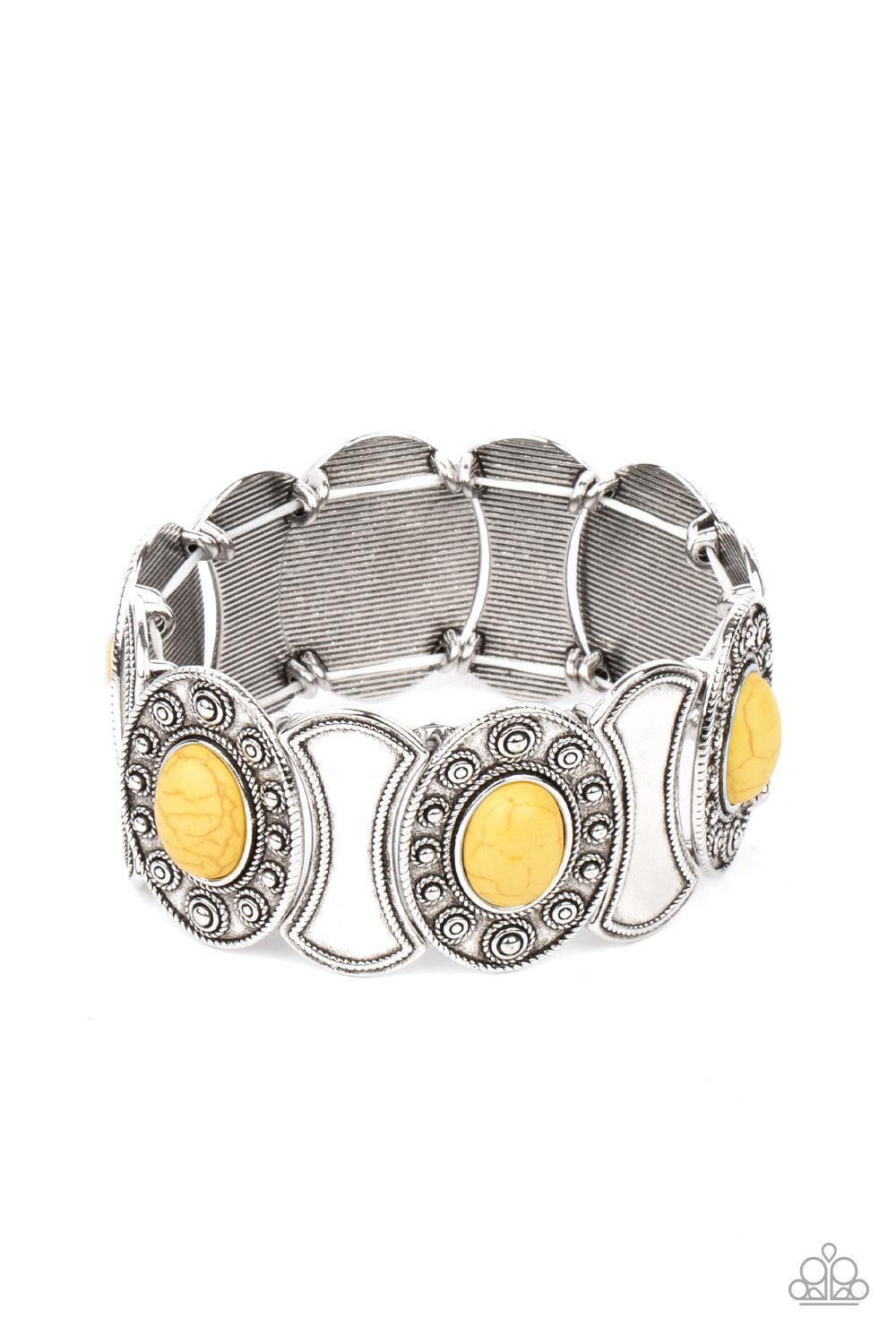 Desert Relic - Yellow Stone - Silver Stretchy Bracelet - Paparazzi Accessories -
Dotted in ornate silver studs, yellow stone embellished silver frames join hammered silver plates along stretchy bands around the wrist for a colorful seasonal flair. Sold as one individual bracelet.