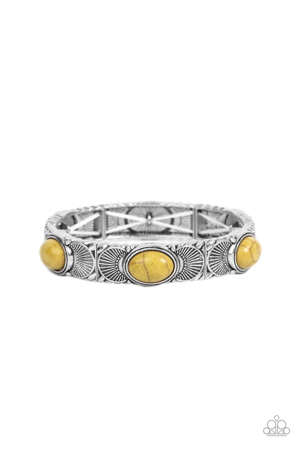 Desert Skyline - Yellow Stone - Silver Bracelet - Paparazzi Accessories - 
Flanked by silver half moon accents, Willow stone dotted silver frames are threaded along stretchy bands around the wrist for a rustic flair. Sold as one individual bracelet.