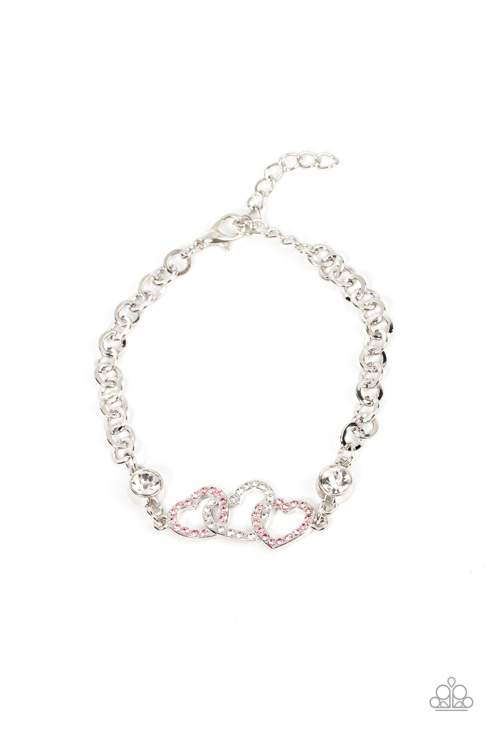 Desirable Dazzle - Pink and Silver Heart Bracelet - Paparazzi Accessories Adjustable Clasp Bracelet Bejeweled Accessories By Kristie Featuring Paparazzi Jewelry - Trendy fashion jewelry for everyone -