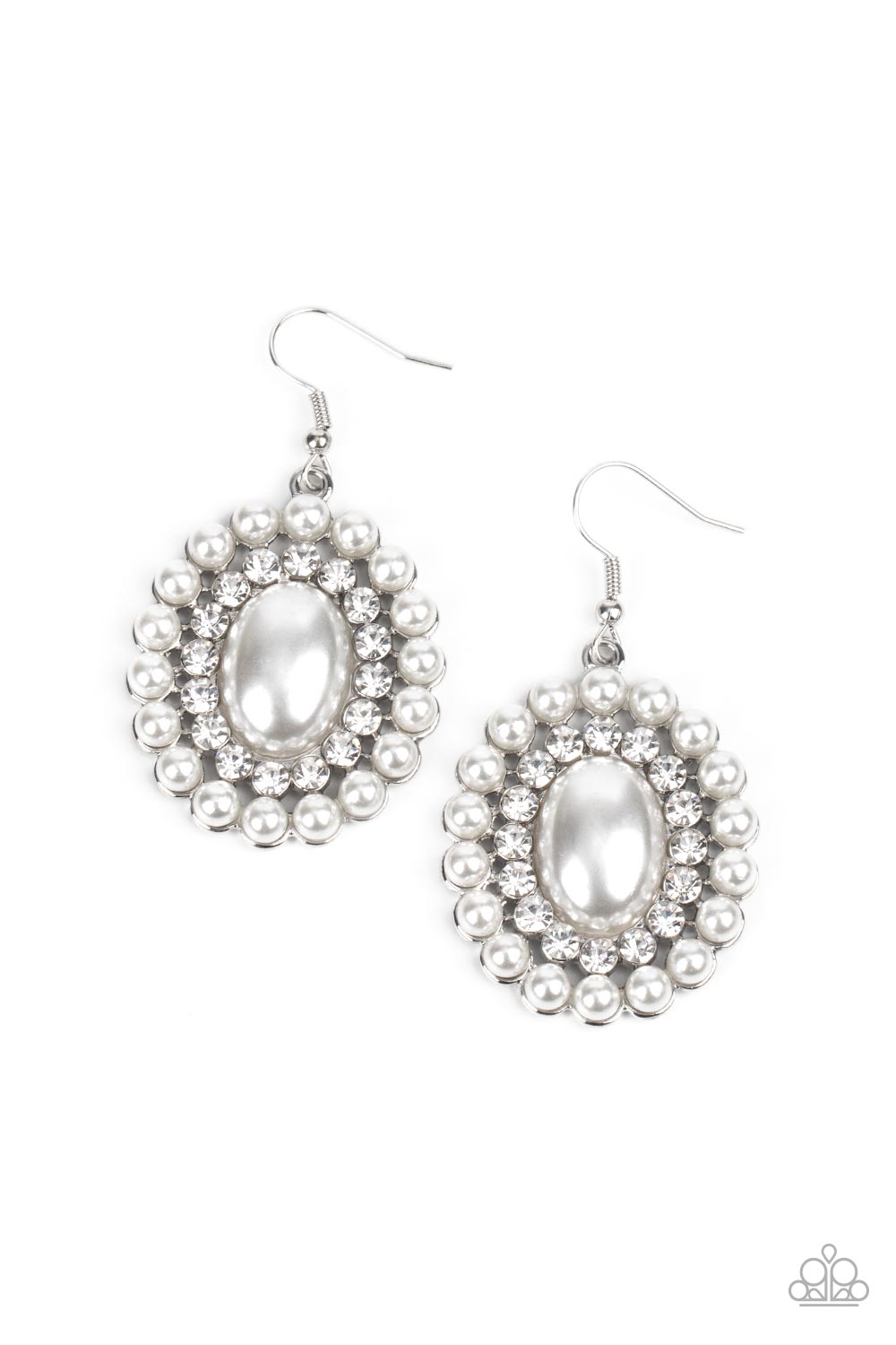 Dolled Up Dazzle - White Pearl and Silver Earrings - Paparazzi Accessories - Borders of bubbly white pearls and glassy white rhinestones encircle an oversized pearly white oval bead, resulting in a refined shimmer. Earring attaches to a standard fishhook fitting. Sold as one pair of earrings.