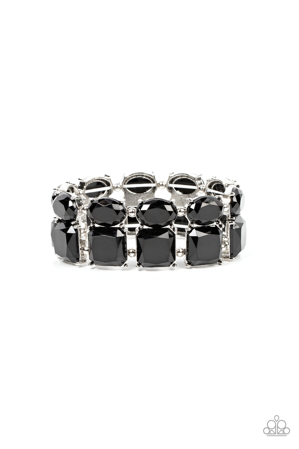 Dont Forget Your Toga - Black Bead - Silver Stretchy Bracelet - Paparazzi Accessories - Separated by pairs of dainty silver beads, faceted stacks of oval and square cut black beads are threaded along a stretchy band around the wrist for a bold pop of color.