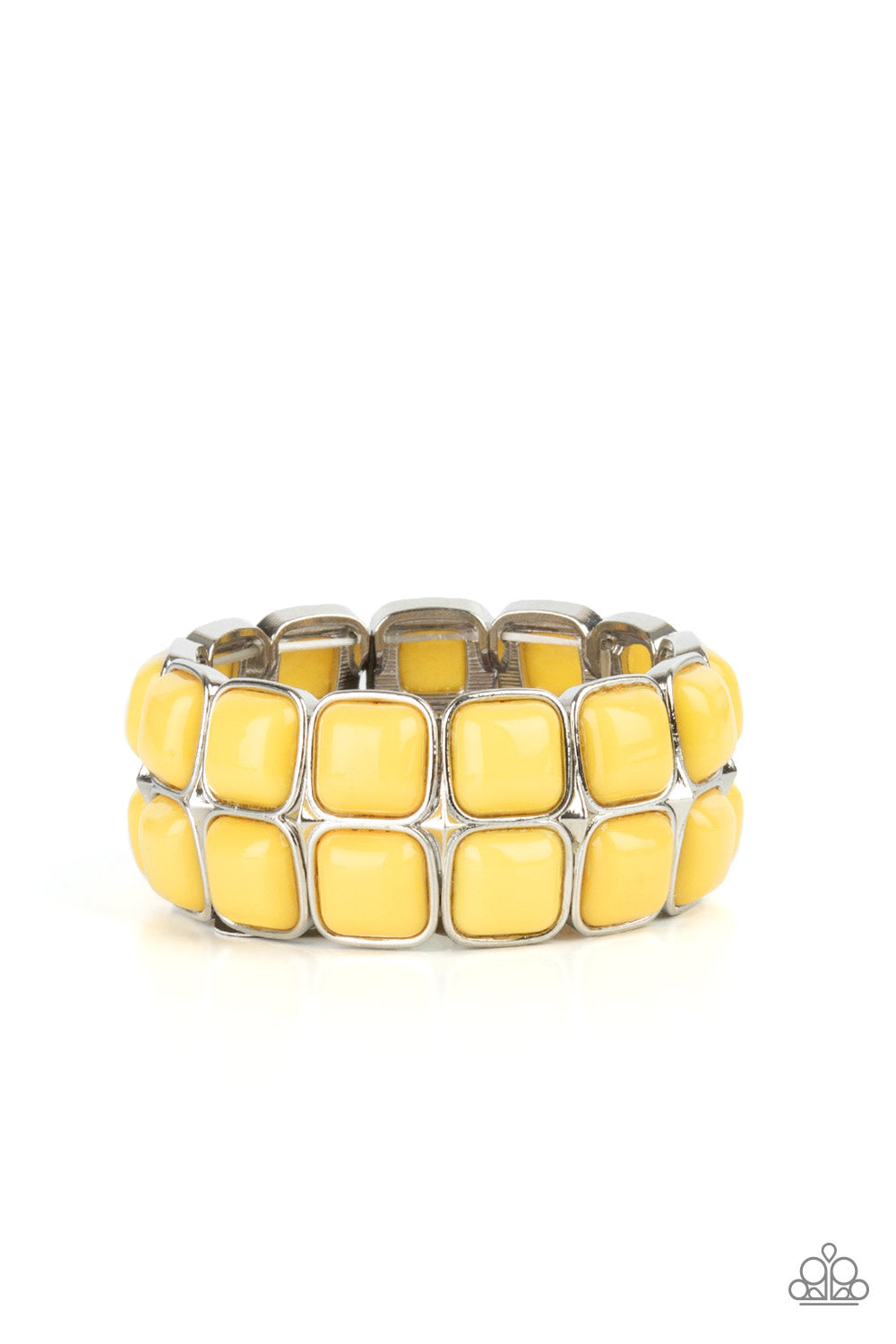 Double The DIVA-ttitude - Yellow and Silver Stretchy Bracelet - Paparazzi Accessories - 
Stacks of cubed Illuminating beaded silver frames are threaded along a stretchy band around the wrist, creating a bubbly pop of color. Sold as one individual bracelet.