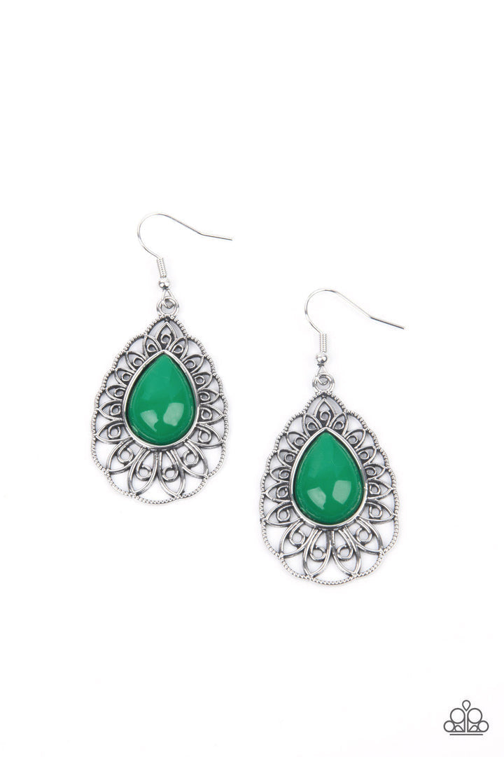 Dream STAYCATION - Green and Silver Earrings - Paparazzi Accessories - A shiny Mint teardrop bead is pressed into the center of an airy silver teardrop frame radiating with ornate petals for a whimsical finesse. Earring attaches to a standard fishhook fitting. Sold as one pair of earrings.