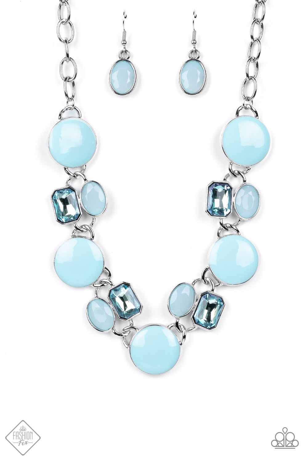 Dreaming in MULTICOLOR - Blue Gem - Silver Necklace - Paparazzi Accessories - sweet pastel of Spun Sugar, sparkling blue gems combine with milky blue beads and alternate across the collar with oversized discs painted in blue enamel. The whimsically modern collection connects to a silver chain resulting in a charismatic display below the collar.