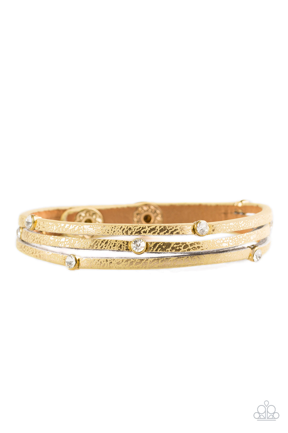 Drop A SHINE - Yellow Leather Bracelet - Paparazzi Accessories - Brushed in a metallic shimmer, yellow leather bands layer around the wrist. Glittery white rhinestone accents are sprinkled across the dainty bands, adding a dazzling finish to the glamorous palette. Features an adjustable snap closure. Sold as one individual bracelet.