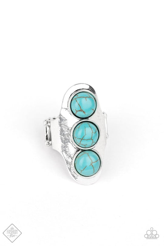Eco Queen - Turquoise Stone and Silver Ring - Paparazzi Accessories - trio of refreshing turquoise stones, an antiqued silver frame folds around the finger for artisanal look. Features a stretchy band for a flexible fit. Sold as one individual fashion ring.