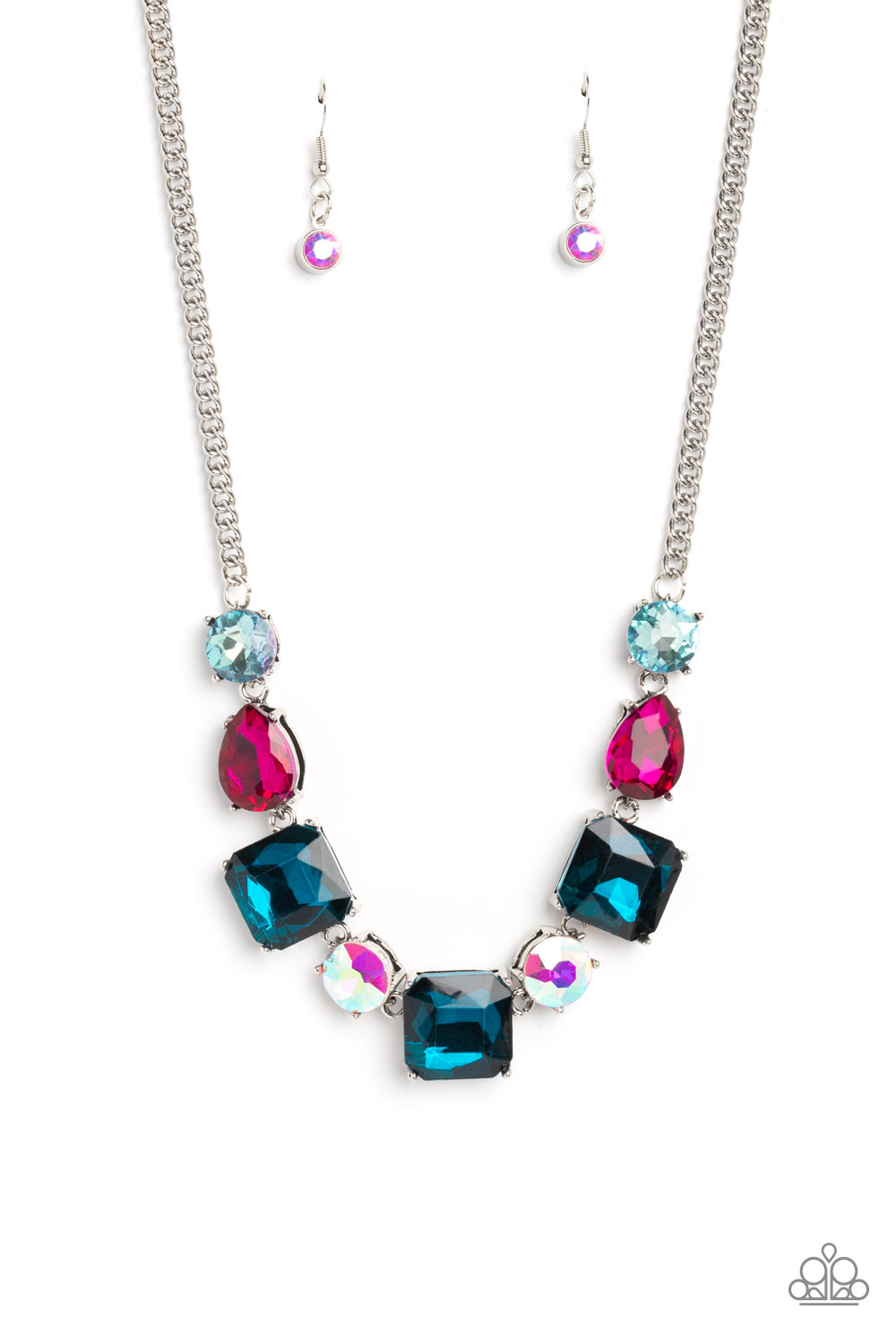 Elevated Edge - Multi Color and Silver Necklace - Paparazzi Accessories - A geometric collection of pink fuchsia, light blue, dark blue, and iridescent rhinestones, featured in square, teardrop, and round shapes coalesces down the neckline for a gritty, yet glamorous display necklace.