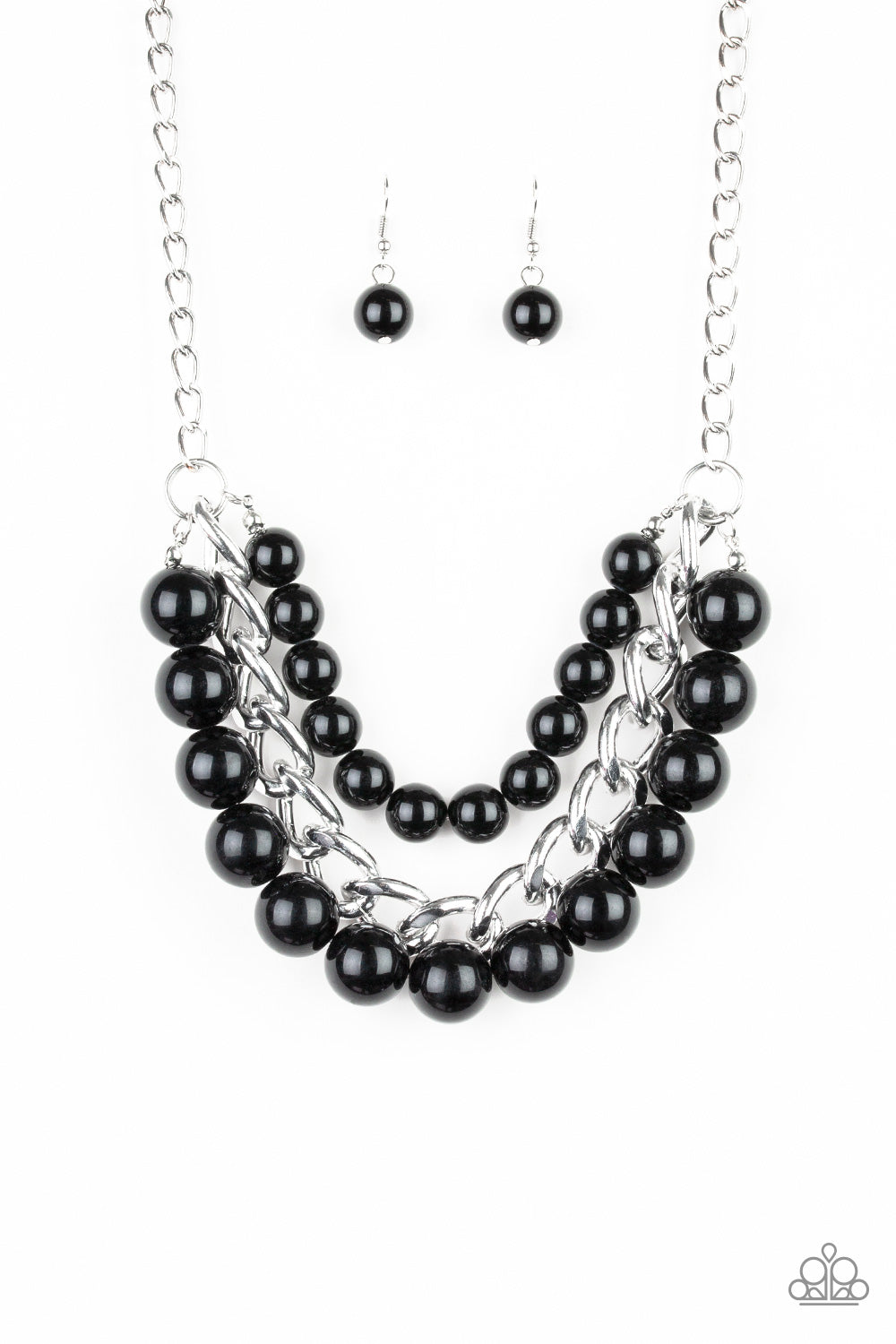 Empire State Empress - Black and Silver Necklace - Paparazzi Accessories - Two strands of dramatic black beads flank one strand of oversized silver chain, creating statement-making layers below the collar. Features an adjustable clasp closure. Sold as one individual necklace.