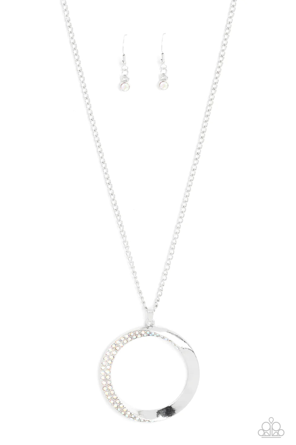 Encrusted Elegance - Multi Color Iridescent and Silver Necklace - Paparazzi Accessories - An airy, oversized, warped, shiny silver hoop dangles down the chest from a classic silver chain. Two rows of dainty iridescent rhinestones encrust along the inner curve of the hoop for an understated, elegant dazzle. Features an adjustable clasp closure. Sold as one individual necklace.