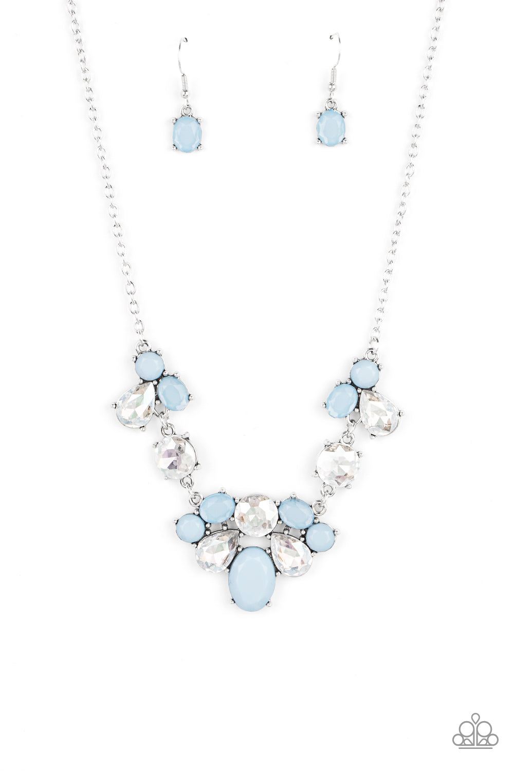 Ethereal Romance - Blue Beads - Rhinestones - Silver Necklace - Paparazzi Accessories -
Varying in opacity and shape, mismatched Cerulean beads attach to oversized white rhinestones, creating bubbly frames that delicately link into an ethereal display below the collar. Features an adjustable clasp closure.