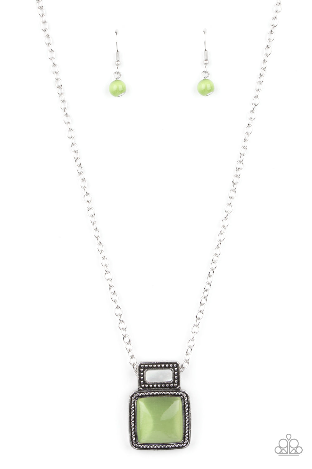 Ethereally Elemental - Green Cat's Eye Stone and Silver Necklace - Paparazzi Accessories - 
A shell-like accent is pressed into the center of a studded silver frame that sits atop a silver rope-like frame that is dotted with a square Green Ash cat's eye stone. The colorful pendant swings from a shiny silver chain, creating an ethereal pendant below the collar. Features an adjustable clasp closure.