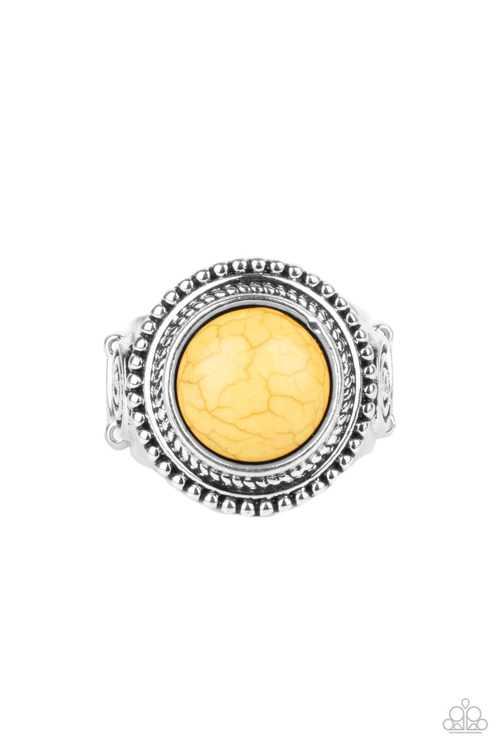 Evolutionary Essence - Yellow and Silver Ring - Paparazzi Accessories -
A round yellow stone is pressed into the center of a studded silver frame embossed with rustic swirls, creating a trendy tribal inspired centerpiece atop the finger. Features a stretchy band for a flexible fit. Sold as one individual ring.