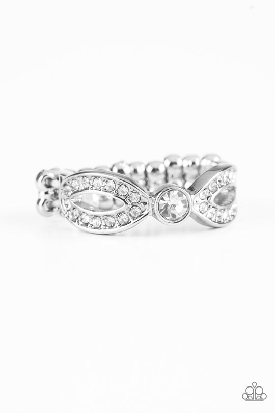 Extra Side of Elegance - White and Silver Fashion Ring - Paparazzi Accessories - Glassy white rhinestones, glistening silver ribbons loop away from a dazzling white rhinestone center for a refined look. Features a dainty stretchy band for a flexible fit.