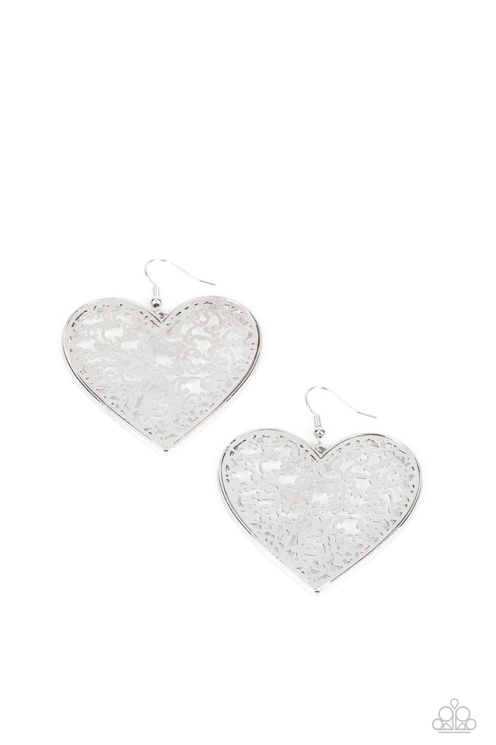 Fairest in the Land - Silver Heart Earrings - Paparazzi Accessories - A shiny, oversized silver heart is filled with swirls of filigree, emitting vintage whimsy as it swings from the ear. Earring attaches to a standard fishhook fitting.