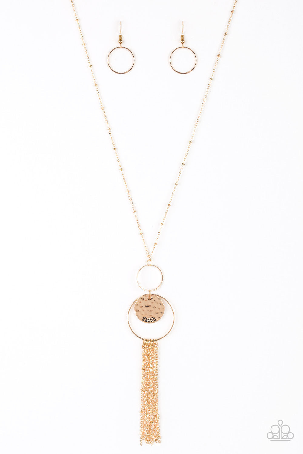 Faith Makes All Things Possible - Gold Necklace - Paparazzi Accessories - A delicately hammered gold disc is stamped in the inspirational word, "faith" and suspended from a double-hooped pendant at the bottom of an elongated gold satellite chain. A gold tassel swings from the bottom of the shimmery palette for a whimsical finish. Features an adjustable clasp closure. Sold as one individual necklace.