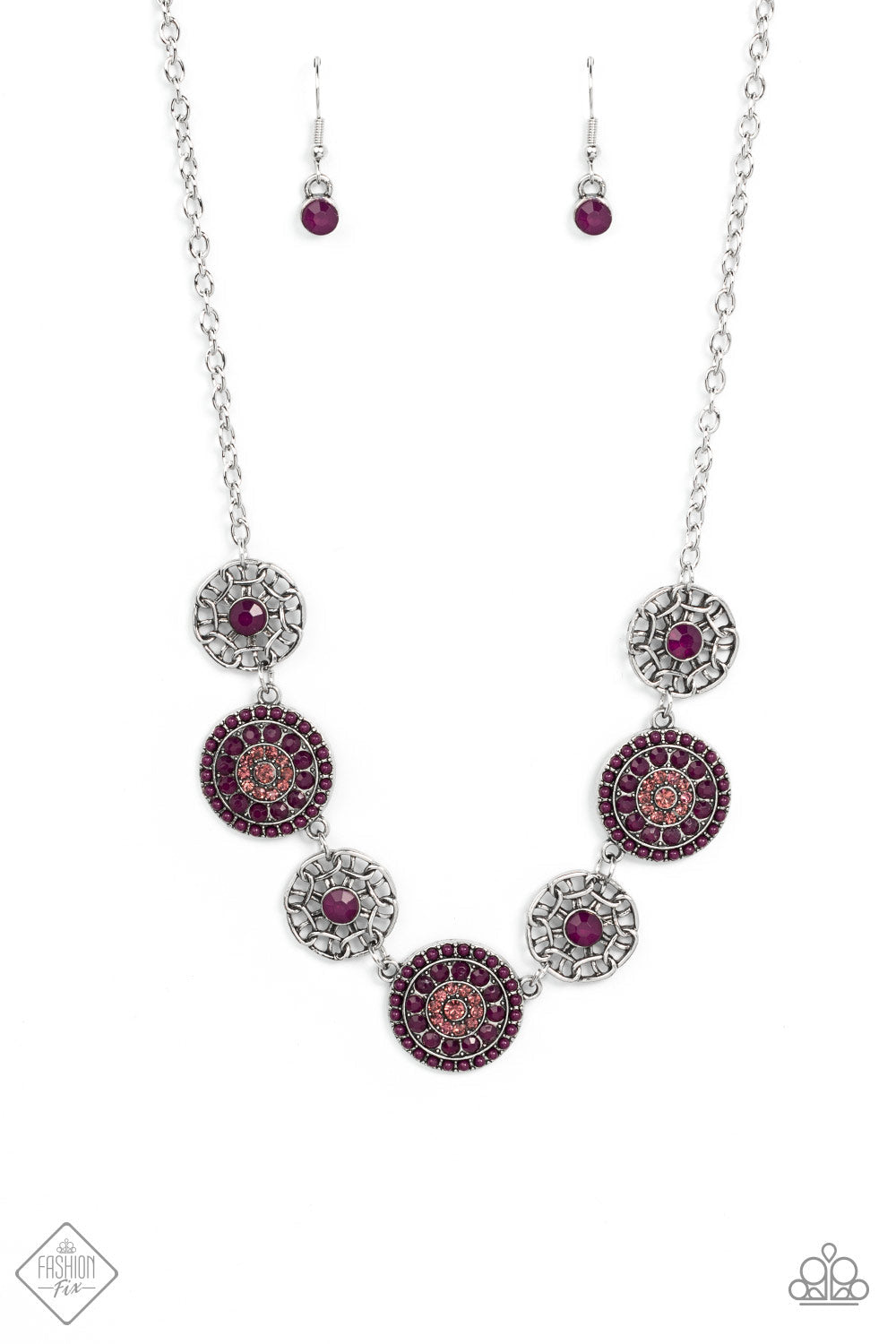Farmers Market Fashionista - Purple - Plum - Amethyst Necklace and Earrings - Paparazzi Accessories -
Bursts of faceted plum beads and sparkling light amethyst rhinestones radiate from the centers of antiqued silver frames, while smaller airy frames are dotted with plum centers. The whimsical designs alternate around the collar making a dazzling display. Features an adjustable clasp closure.