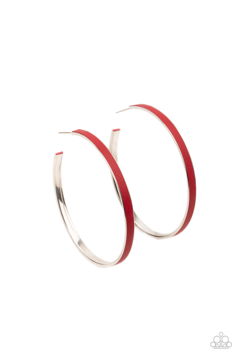 Fearless Flavor - Red and Silver Leather Hoop Earrings - Paparazzi Accessories - A red leather lace is pressed along the indented spine of a silver hoop, creating a bold pop of color. Earring attaches to a standard post fitting. Hoop measures approximately 2 1/4" in diameter. Sold as one pair of hoop earrings.