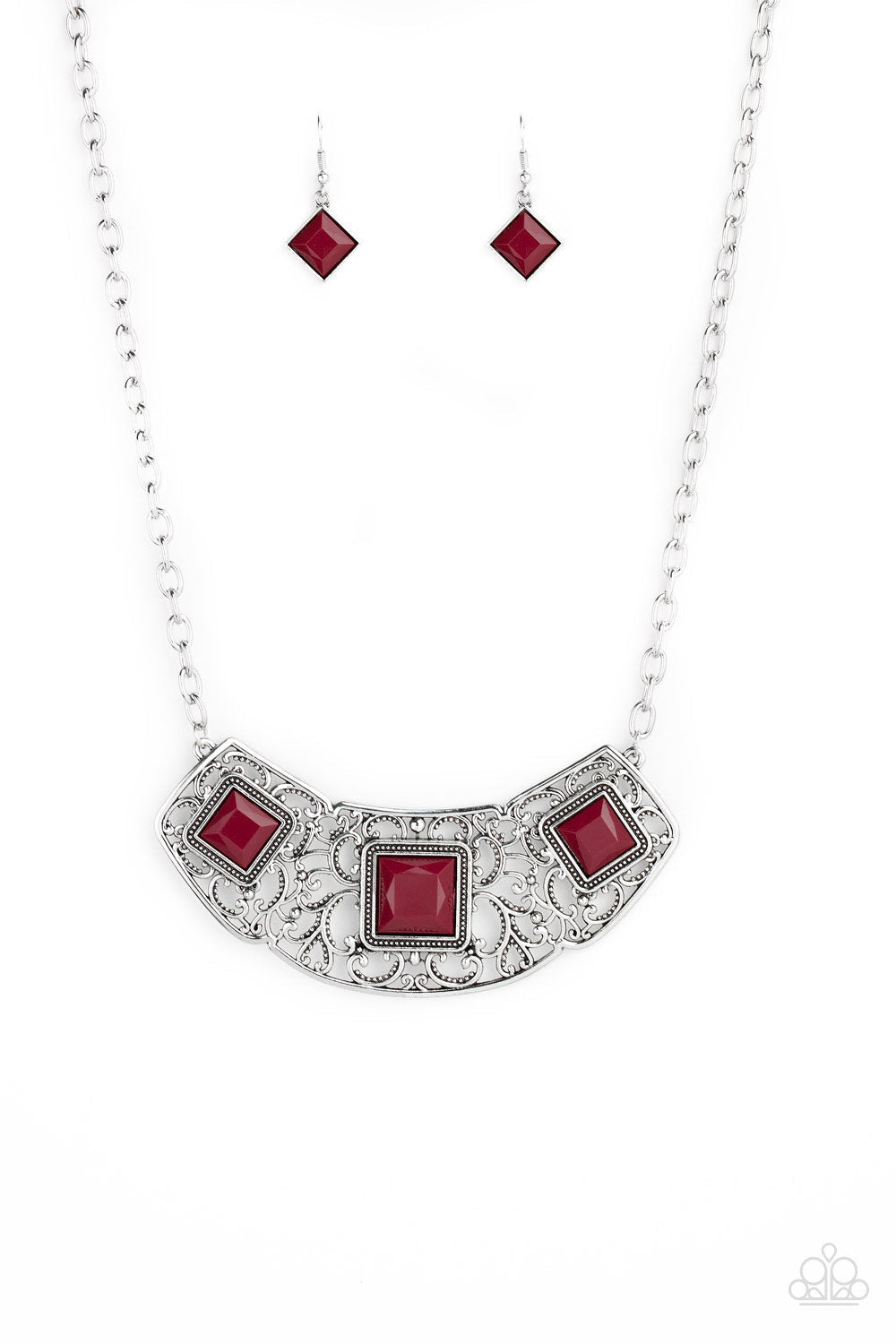 Feeling Inde-PENDANT - Red and Silver Necklace - Paparazzi Accessories - Glistening silver filigree spins into a dramatic pendant below the collar. Square red beads are pressed into the airy frame for a colorful finish. Features an adjustable clasp closure.
