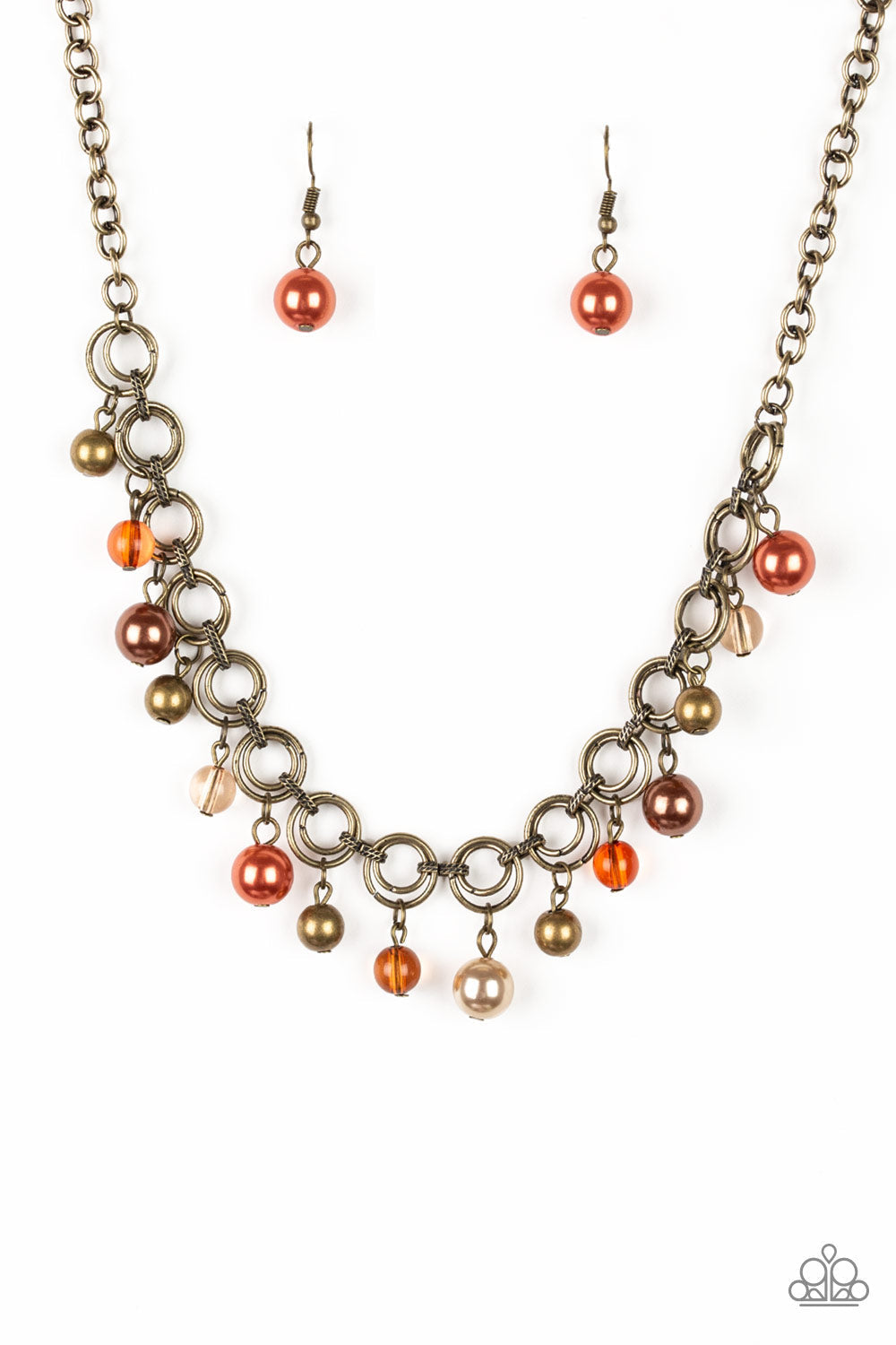 Fiercely Fancy - Brass and Orange Fashion Necklace - Paparazzi Accessories - Pearly and glassy brass, brown, and orange beads swing from a double-linked brass chain, for a fancy fringe below the collar fashion necklace.