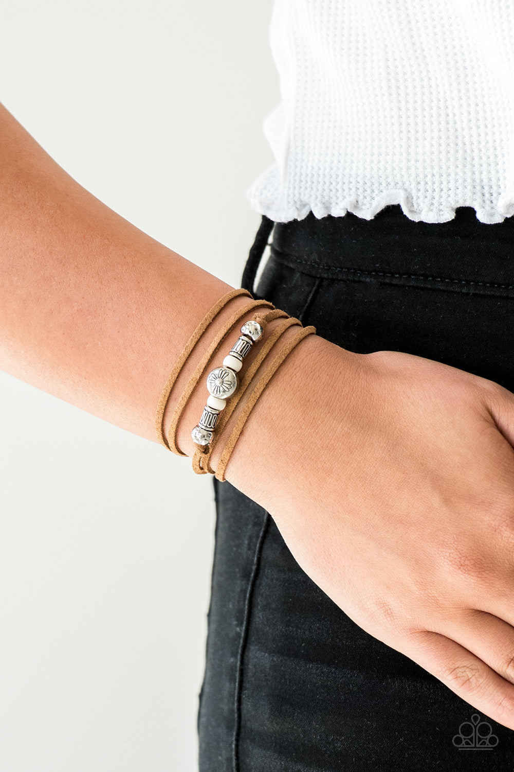 Find Your Way - White and Brown Suede Bracelet - Paparazzi Accessories - An array of white and silver beads are knotted in place along suede cording. To secure bracelet, tie ends in place around the wrist at desired length. Sold as one individual bracelet.