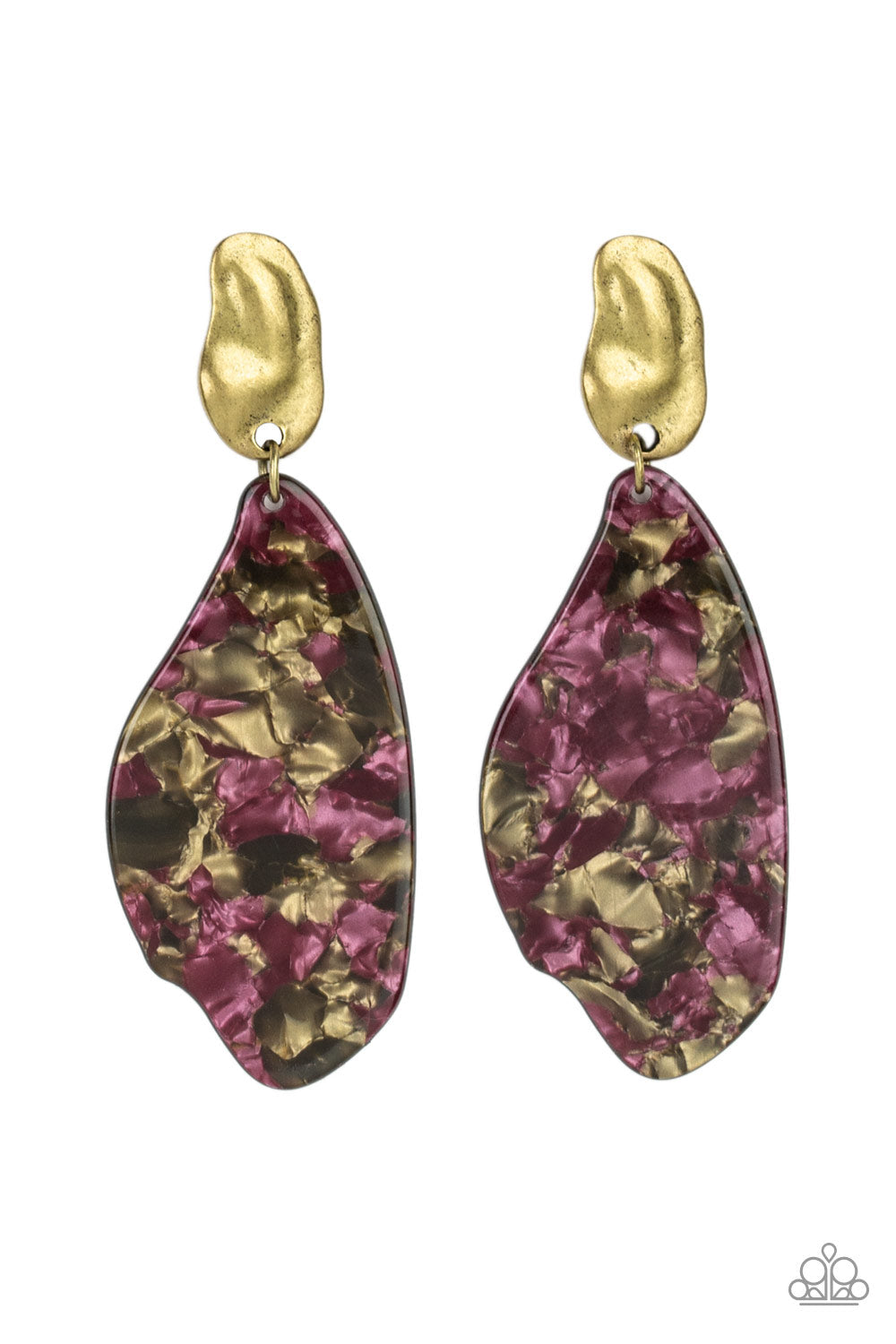 Fish Out of Water - Purple and Brass Earrings - Paparazzi Accessories - Faux marble finish, a colorful acrylic frame swings from the bottom of an abstract brass fitting for a retro vibe. Earring attaches to a standard post fitting.