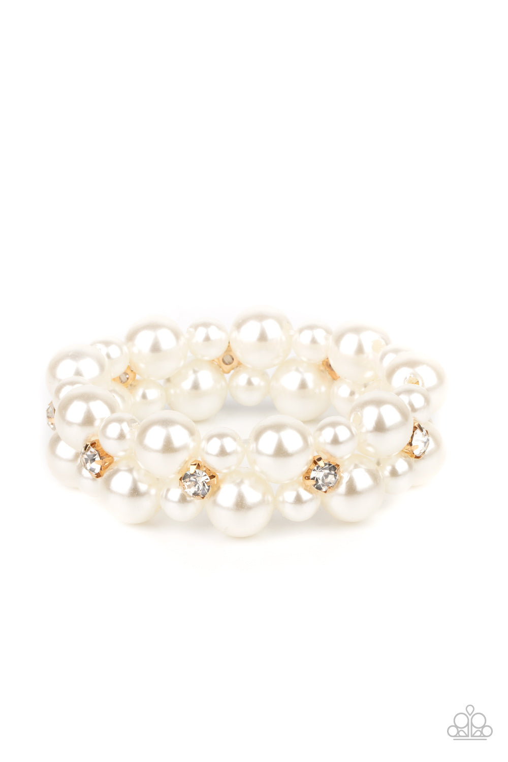 Flirt Alert - Gold and White Pearl - Stretchy Bracelet - Paparazzi Accessories - A bubbly collection of white pearls and classic white rhinestone encrusted gold frames are threaded along stretchy bands around the wrist, creating flirtatious refinement. Sold as one individual bracelet.